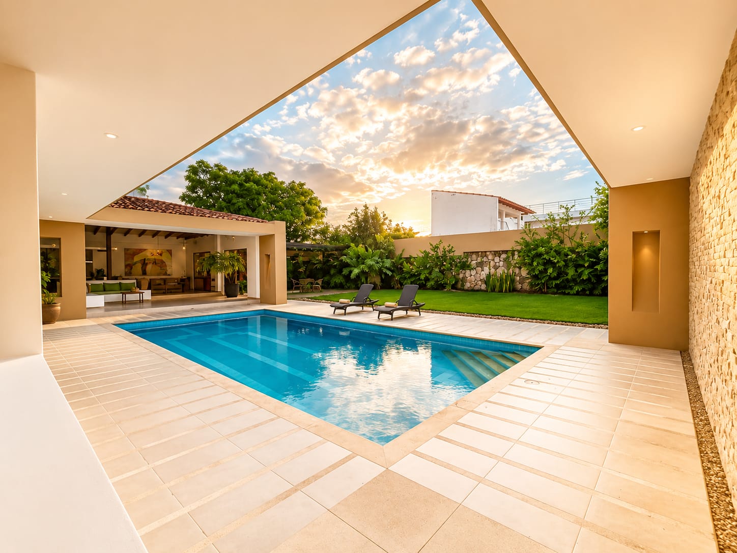 Piscina privada al atardecer — Timber House Anapoima